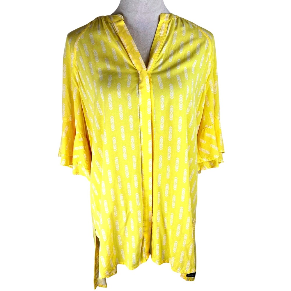 Matilda Jane Women's Yellow Geometric Print Bell Sleeve Tunic Top sz Medium